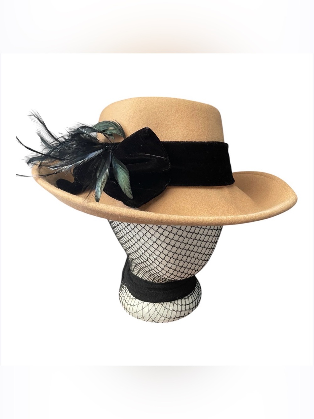 Vintage Liz Claiborne Crazy Horse Camel Wool Hat Velvet Band & Feathers